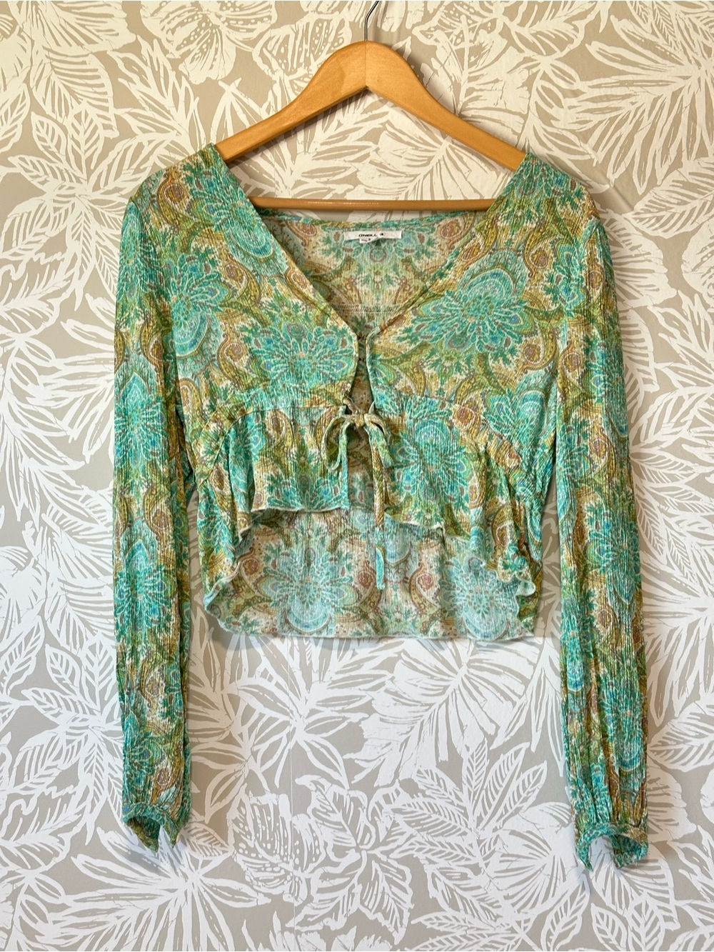 O'Neill Aqua Green Paisley Tie-Front Ruffle Blouse